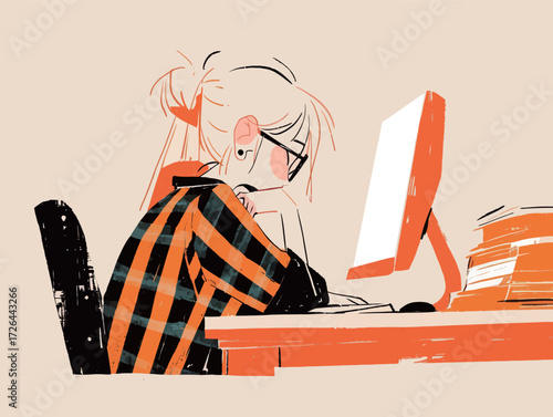 A young woman sits at her desk, deeply focused on her computer screen. She wears a checkered shirt and has a stack of books beside her in a warm, inviting space.