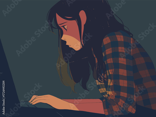 A woman with long dark hair is concentrating on her laptop. She wears a plaid shirt and appears deep in thought during the evening hours, creating a cozy atmosphere.