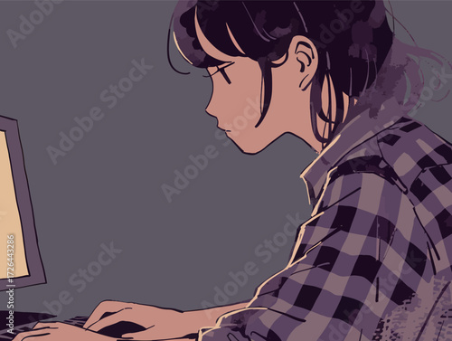 A young individual sits at a desk, deeply concentrating on a computer screen. The atmosphere is dim, highlighting their determined expression while they type.