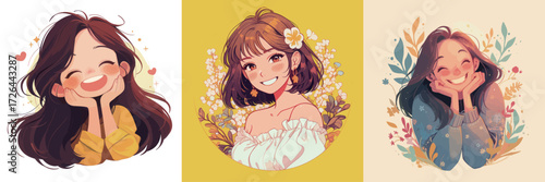 Three cheerful women are shown smiling widely, each in a unique style and background. Their expressions capture happiness and warmth, inviting positivity.