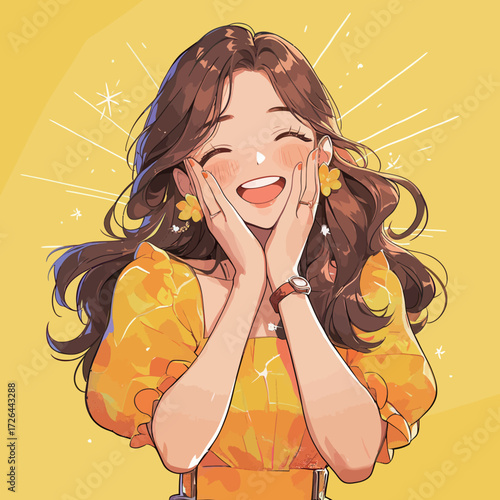 A young woman with long hair expresses happiness with a big smile. She wears a bright yellow outfit and yellow flowers in her hair, radiating joy and positivity.