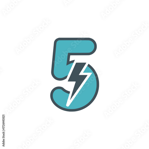 Number five icon with bold lightning bolt, Vibrant number five design featuring a striking lightning bolt, symbolizing energy, technology, innovation, and high-impact performance.

