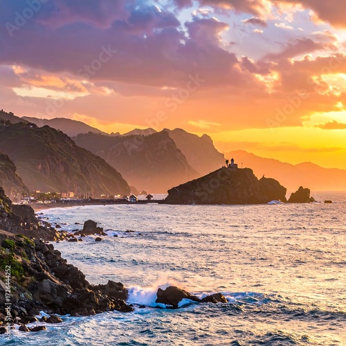 Vibrant sunset over a rocky coastline, featuring a small structure atop a peninsula
