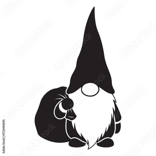 Christmas Gnome with Sack Silhouette Vector Illustration