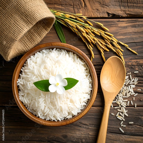 Wooden bowl of white rice, floral garnish
