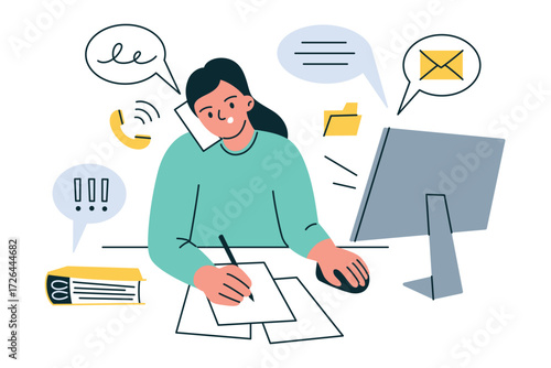 Multitasking scene with woman at work using computer, writing, talking on phone, tired worker with notifications and tasks, flat cartoon vector illustration for business, office and productivity