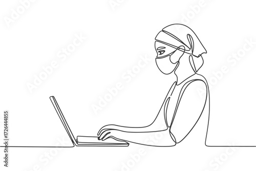 Woman in hijab and mask typing on laptop in line art style