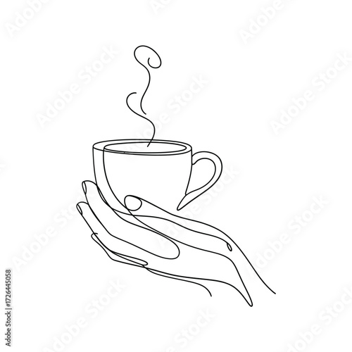 Minimalist line art of hands holding a steaming coffee cup