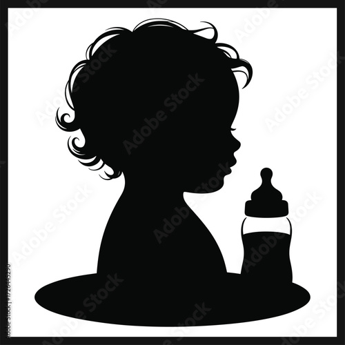 Child silhouette with baby bottle, curly hair profile, black and white vector, early childhood concept, parenting theme, infant care illustration, nurturing design