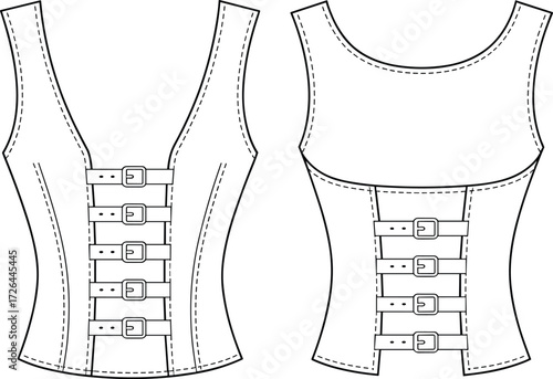 Corset top fashion illustration, front and back view, buckle strap design, technical garment sketch, black and white vector, apparel construction, pattern making concept