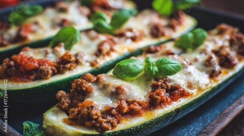 Stuffed zucchini boats with meat sauce and mozzarella cheese.