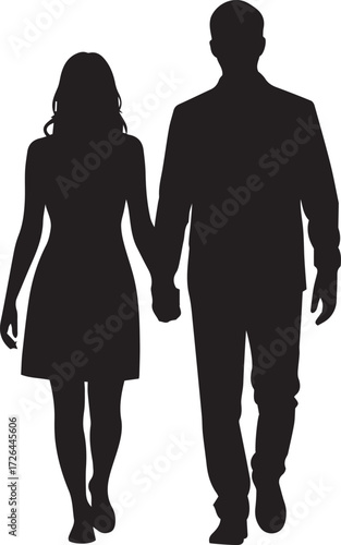 man and woman  Silhouette Couple in Harmony A minimalist silhouette captures a couple walking hand in hand, symbolizing love, companionship, and a shared journey   black silhouette vektor backround wi