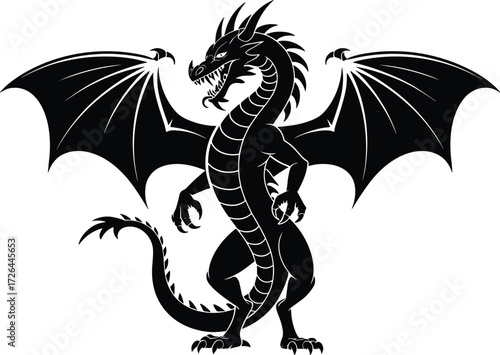 Dragon silhouette illustration, outstretched wings, fierce expression, spiked tail, black and white vector, mythical creature design, fantasy art, folklore theme, detailed linework