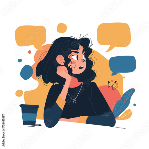A woman with curly black hair rests her chin on her hand, appearing deep in thought. Colorful speech bubbles hover above her, hinting at a lively discussion.