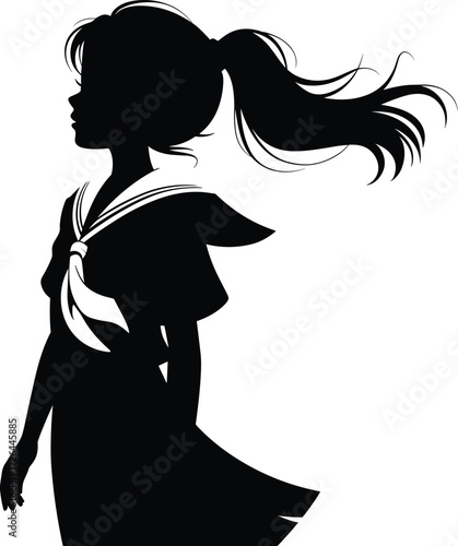 Girl silhouette in sailor uniform, wind-blown hair and skirt, black and white vector, emotional school theme, anime-inspired pose, stylized feminine profile illustration