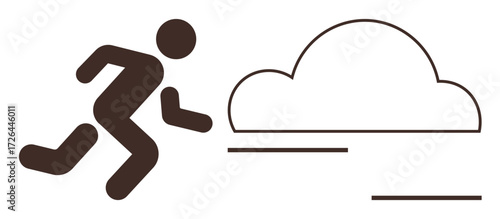 Simplified figure in motion running toward abstract cloud with linear details suggesting speed. Ideal for themes thumbs up technology, cloud services, mobility, progress, determination, goals, simple