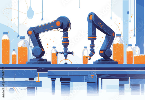 Two robotic arms operate on a production line, filling plastic bottles with orange drink. Bright orange liquid is seen as the machines perform their tasks.