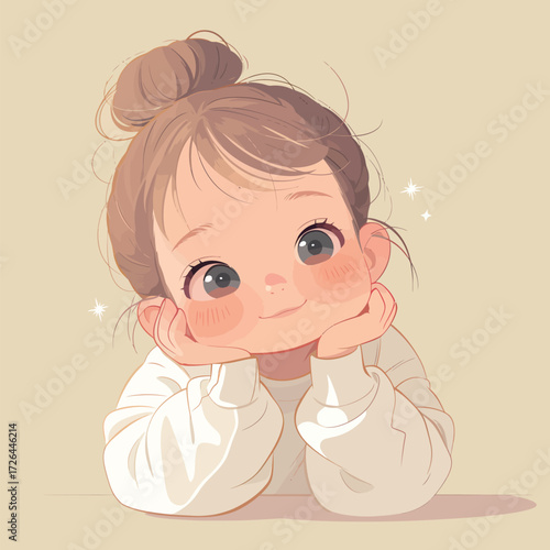A young girl with big dark eyes and a cheerful smile rests her chin on her hands. She has light brown hair styled in a bun and wears a cozy sweater.
