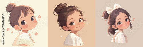 Three adorable illustrations showcase young girls with varied hairstyles and charming expressions.