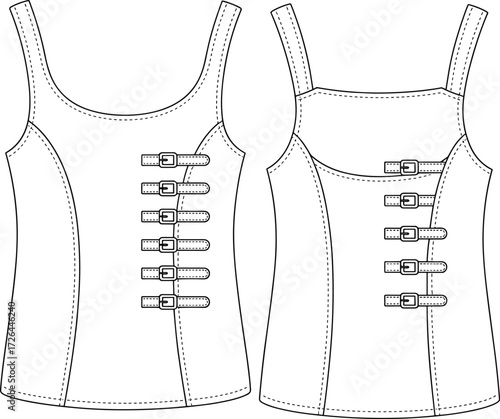 Sleeveless top fashion illustration, buckle strap design, technical garment sketch, front view detail, black and white vector, apparel construction, pattern making concept