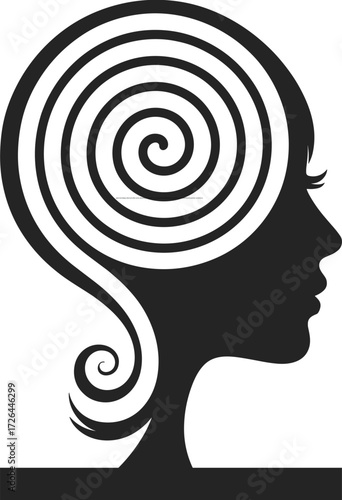 spiral mind design, black and white vector, abstract psychological concept, hypnotic head illustration, introspective art, surreal feminine portrait, mental focus
