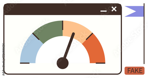 Browser window with a gauge showing data levels, needle pointing to fake, flag, and fake warning block. Ideal for misinformation, verification, online safety, content analysis, trust transparency