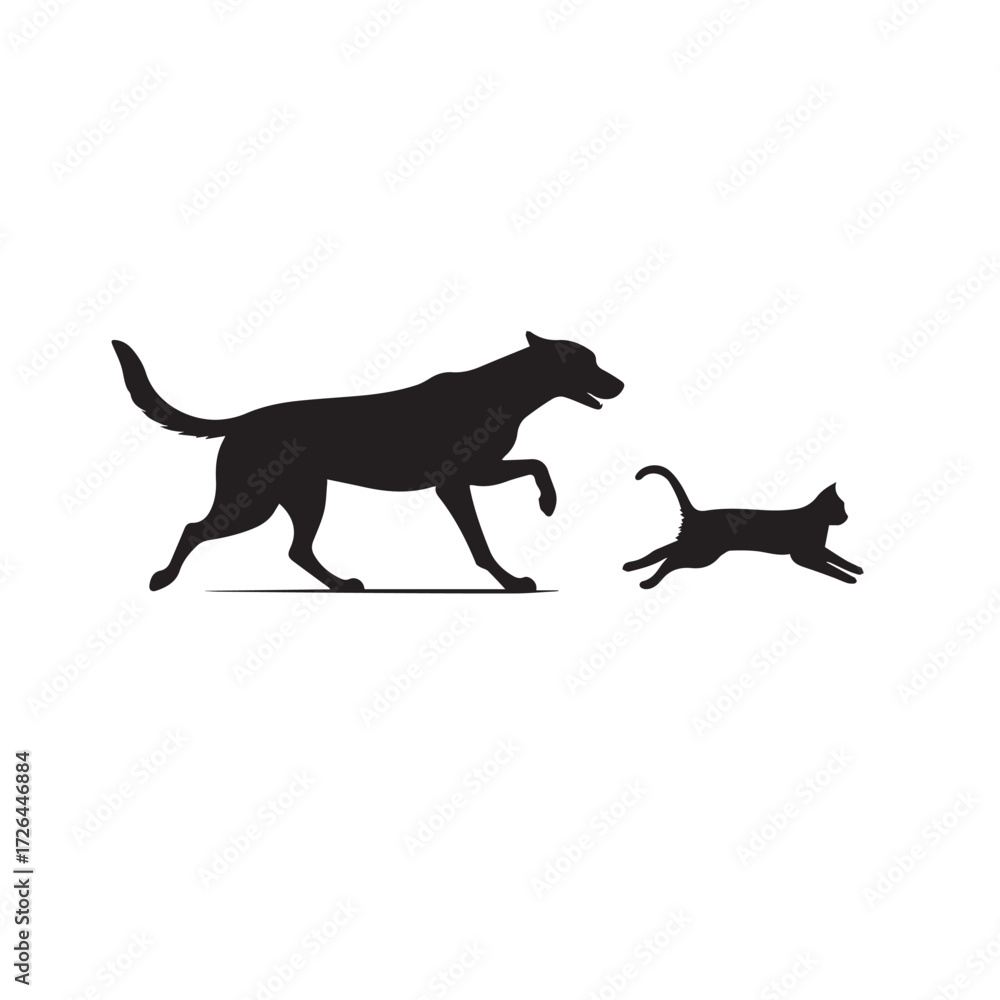 Fototapeta premium Dog and Cat Chasing Silhouette – Playful Pet Vector, Black Animal Silhouette on White Background