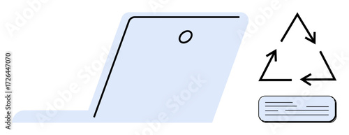 Laptop outline with a minimalist battery and recycling arrows emphasizing sustainability, eco-awareness, and technology reuse. Ideal for green energy, recycling, tech guides, sustainability