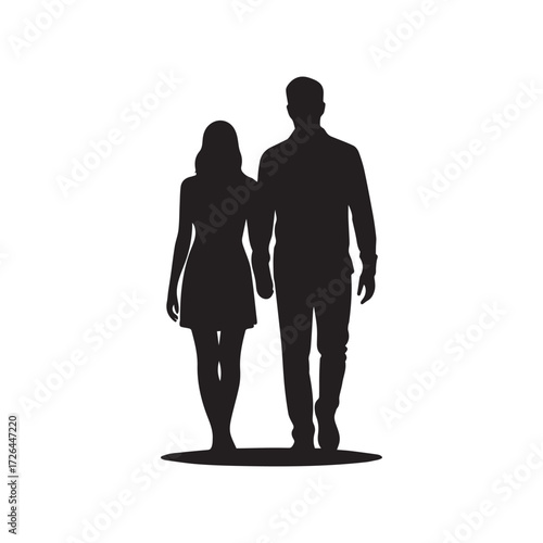 man and woman silhouette  Silhouette Couple in Harmony A minimalist silhouette captures a couple walking hand in hand, symbolizing love, companionship, and a shared journey   black silhouette vektor 