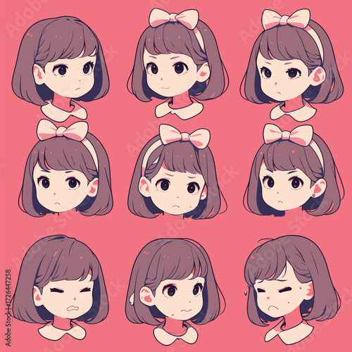 Nine different facial expressions of a young girl with short brown hair and a pink bow. The vibrant pink background enhances her emotional range.