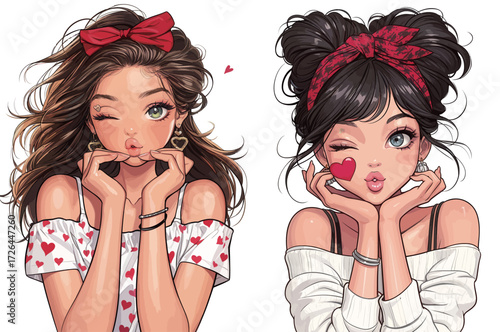 Two girls with playful expressions and heart-themed outfits pose together. One wears a red bow and winks, while the other makes a heart gesture, both looking cheerful.
