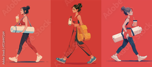 A young woman is seen walking confidently, carrying yoga mats and drinks. She is dressed in athletic wear, ready for a workout in a vibrant city atmosphere.