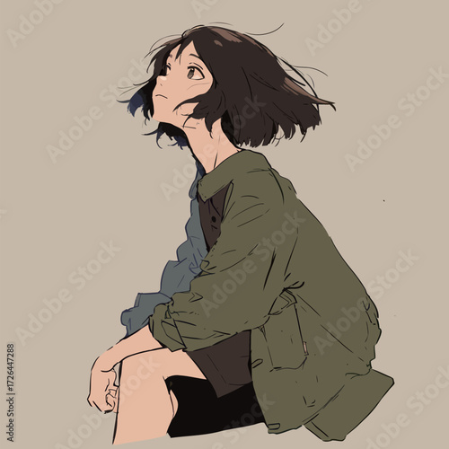 A girl sits quietly with her head turned upwards, hair blowing in the wind, wearing a casual outfit. The serene atmosphere suggests deep thoughts and reflection.