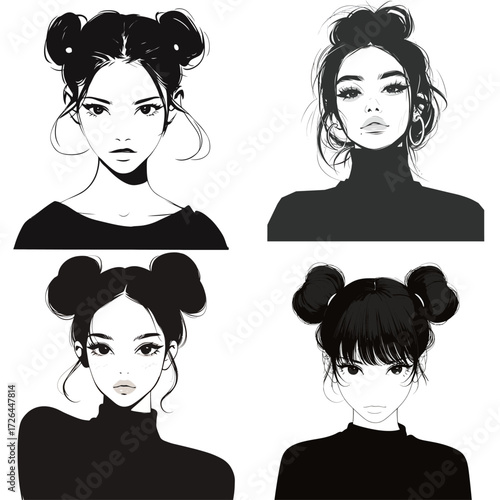 Four artistic illustrations showcase women with different expressions and hairstyles featuring high buns. Each figure presents a unique look in a modern style.
