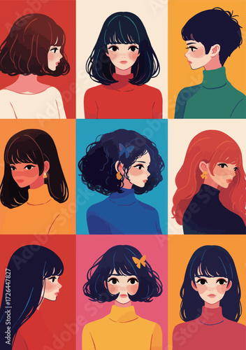 Nine unique portraits of young individuals with various hairstyles and hair colors arranged in a vibrant grid. Each person shows distinct expressions and styles.