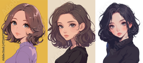 Three stylish young women with varying hairstyles and expressions are presented. Each has unique features and backgrounds, showcasing individuality and artistic design.