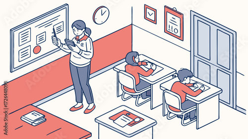 Vector of Students Using Phones in Classroom During Lecture Showing Disadvantage of Mobile Overuse