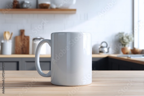 Wallpaper Mural Blank White Coffee Mug on Wooden Table in Modern Kitchen Setting Torontodigital.ca