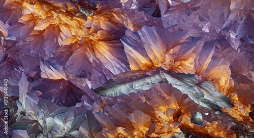 Tie dye closeup view of vibrant purple and orange crystals with intricate facets and glowing light for commercial usage