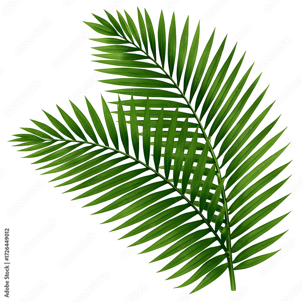 Fototapeta premium Two vibrant green palm fronds overlapping on a transparent background isolated on transparent background