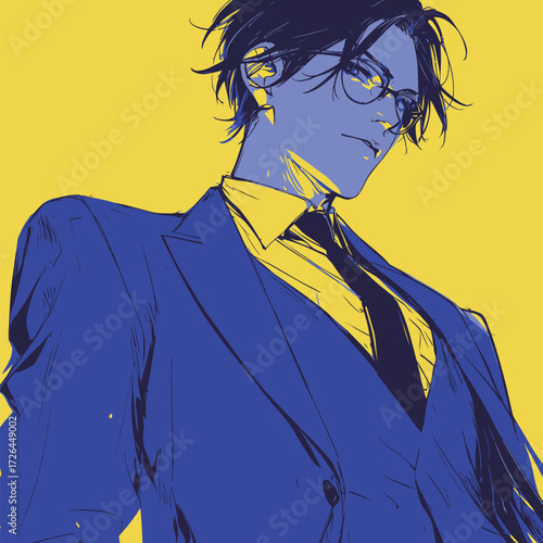 A confident character dressed in a blue suit and yellow shirt stands out against a vibrant yellow backdrop. The character wears glasses and has a cool, modern hairstyle.