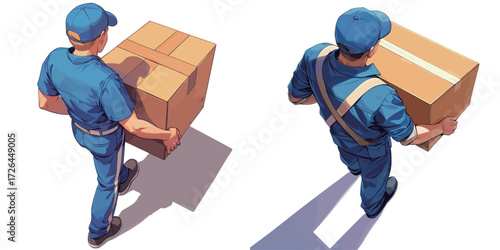 A delivery worker in a blue uniform carries a large cardboard box with both hands. Bright light reveals the workers focused expression as he approaches a destination.