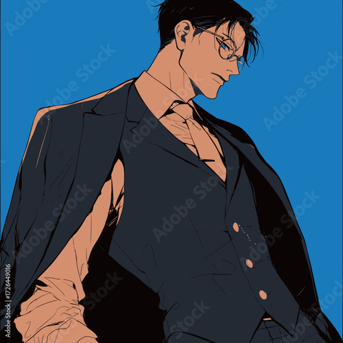 A man with glasses is dressed in a tailored suit, exuding confidence. He stands with a relaxed posture, creating a striking contrast with the bright blue background.