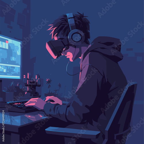 A gamer wearing a virtual reality headset focuses intently on multiple screens in a dark room. The setup includes gaming equipment, creating an immersive environment.