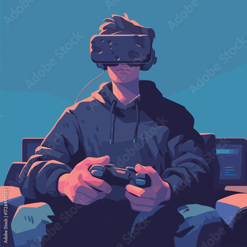 A young individual sits on a comfortable chair, immersed in virtual reality gaming, wearing a headset and holding a controller. The room is lit with blue tones.