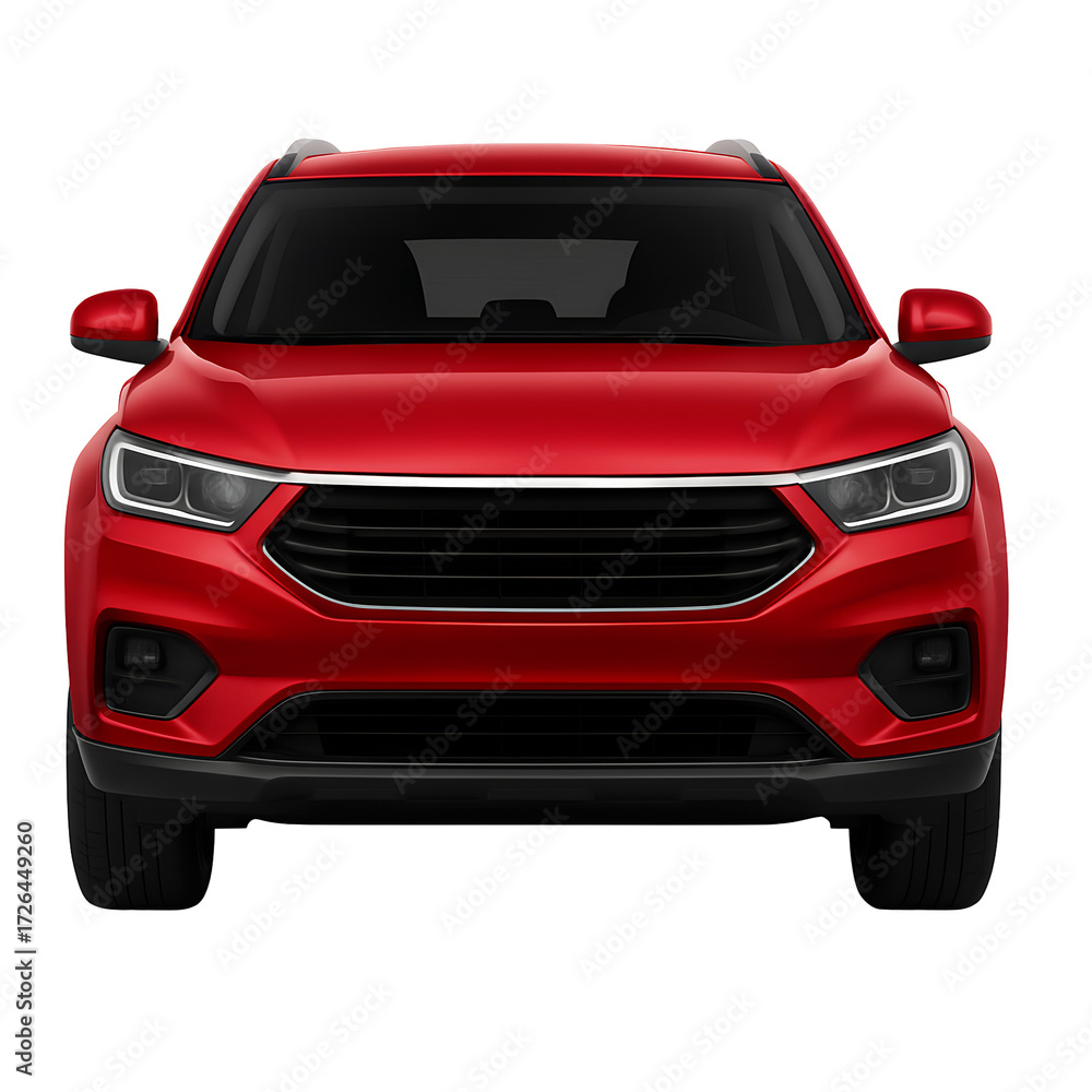 Fototapeta premium Strikingly new red luxury sports car model in motion, showing front design with a prominent headlight and wheel, suggesting speed and transportation