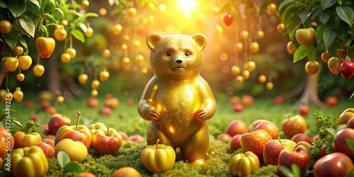 A Golden Bear Figurine Amidst a Bountiful Harvest of Sparkling Apples in a Sunlit Orchard