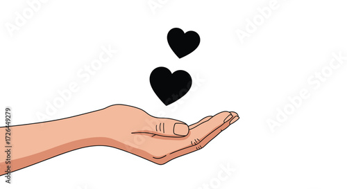 A pair of black hearts float above an open palm offering them.