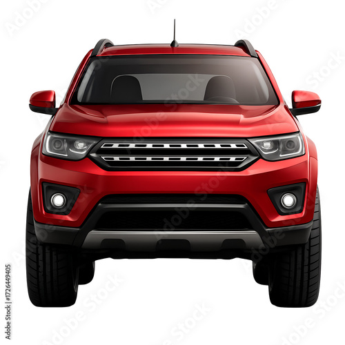 Red sports car, a classic luxury automobile with a shiny black wheel and red headlight, isolated on white