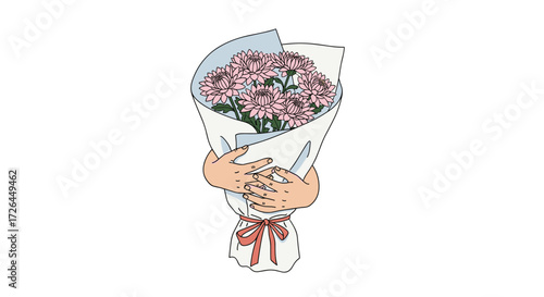A beautiful bouquet of pink flowers held by hands with a red ribbon tied around it.